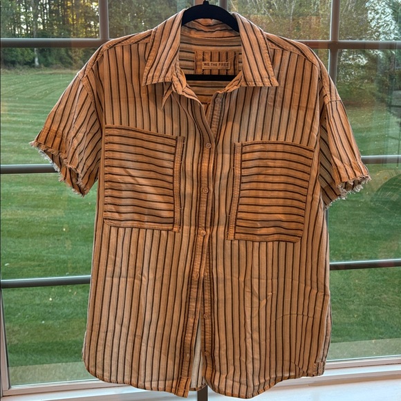 Free People Christopher Linen Shirt oversized tan black classic small new - Picture 15 of 16